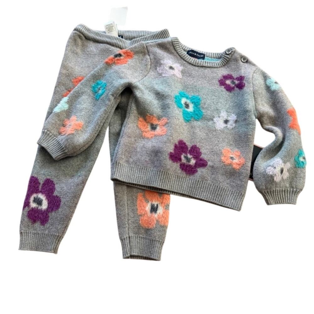 NWT Andy & Evan Two Piece Knit Set Gray Floral 18-24 Month